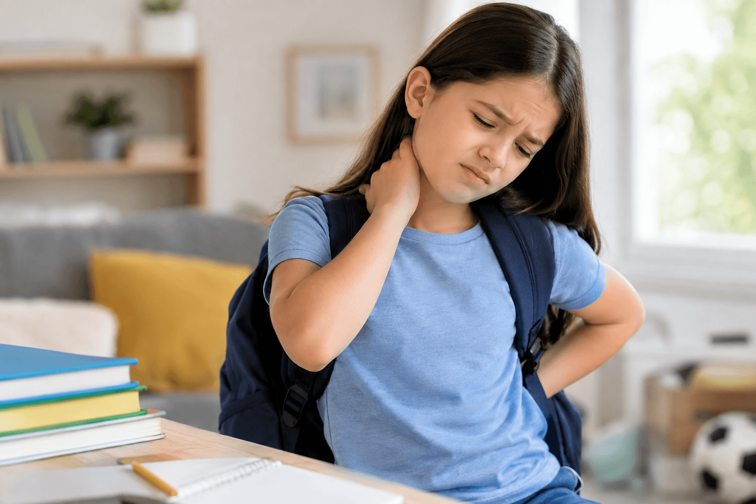 Child with a backpack holding her neck and lower back after school in Haddonfield, NJ