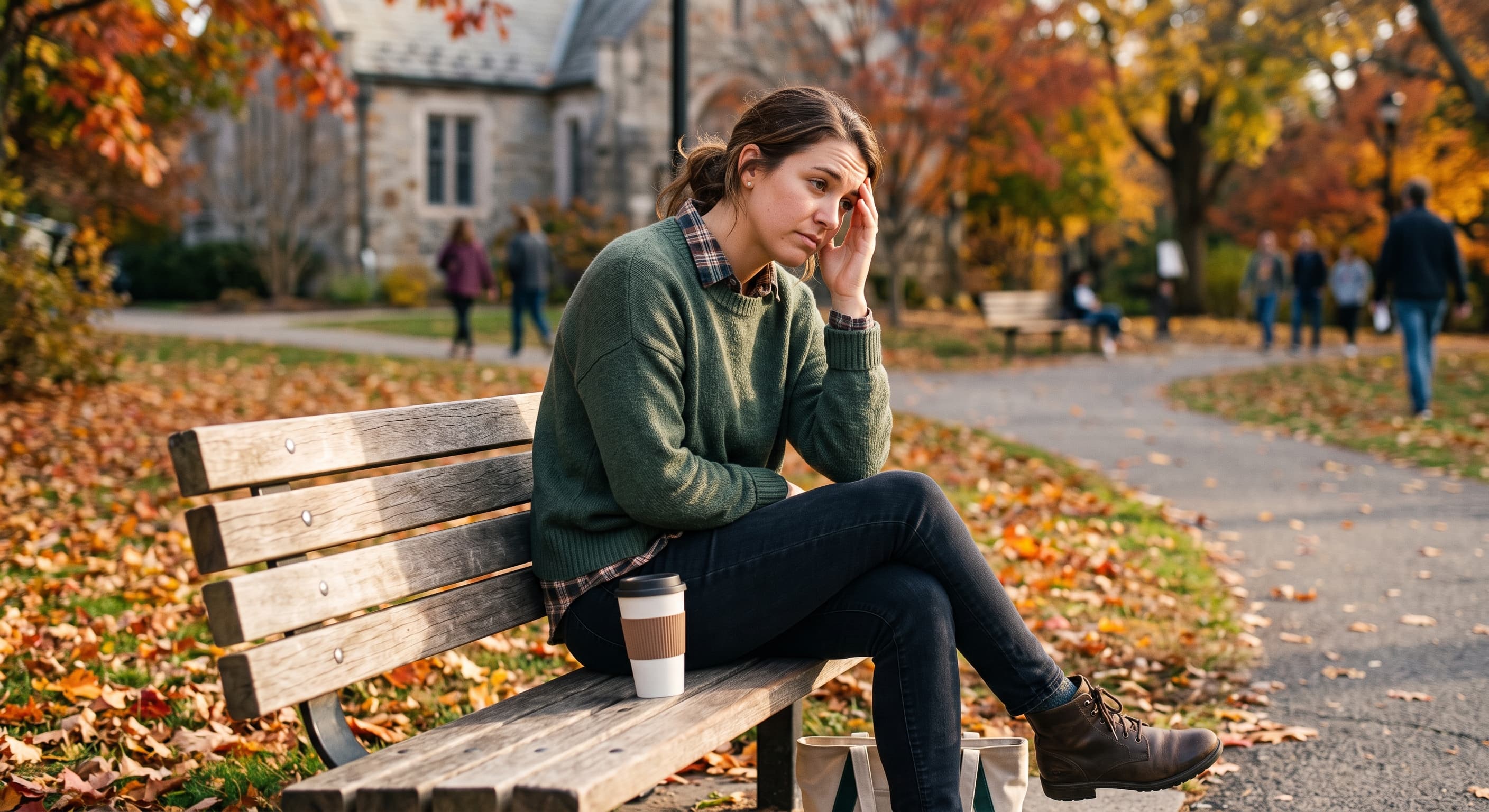 Woman sitting on a park bench in autumn, resting her head in her hand, with a coffee cup beside her