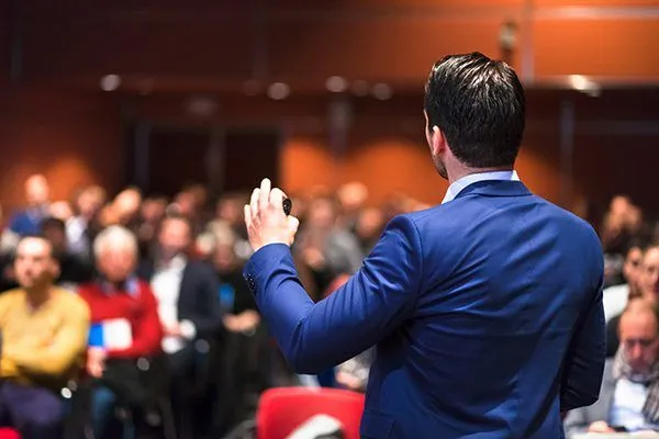Doctor giving health talk to organization
